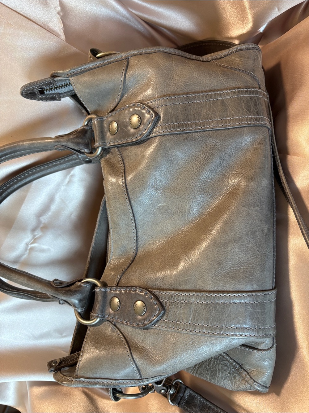Frye Gray Leather Satchel with Top Handles and Strap excellent